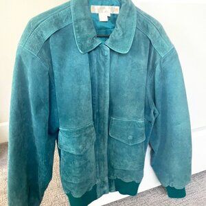 Vintage Architect Teal Suede Leather Bomber Jacket – Size Small – Classic 90s